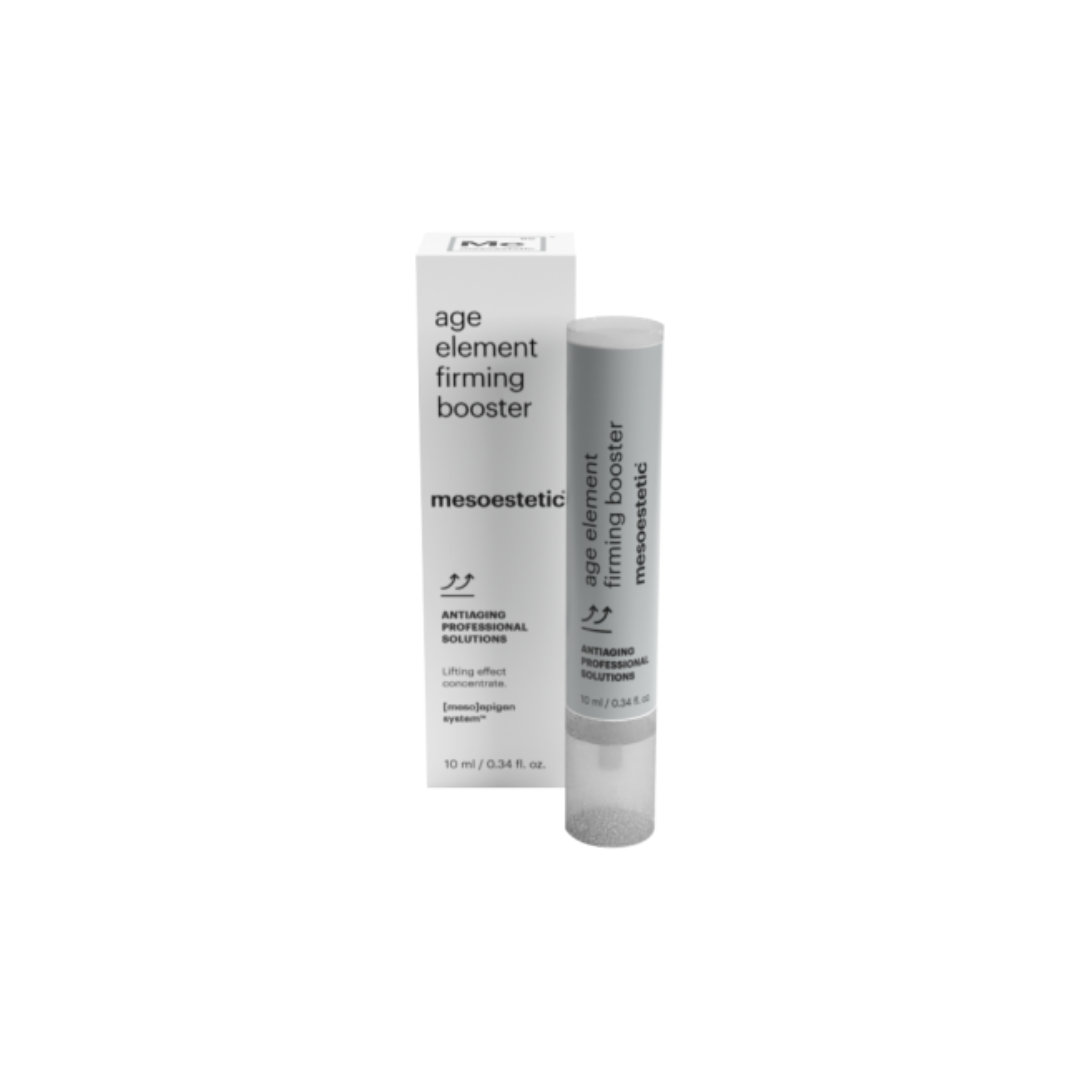 Mesoestetic Age Element Firming Booster 10ml bottle with box packaging. Contains celltech™ and [meso]lift complex for firming action.