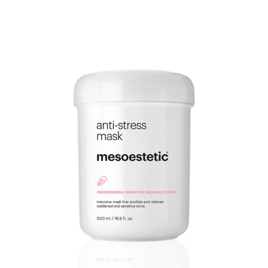 Mesoestetic Anti-Stress Mask 500ml jar for soothing red and sensitive skin, ideal for calming irritation and restoring comfort.