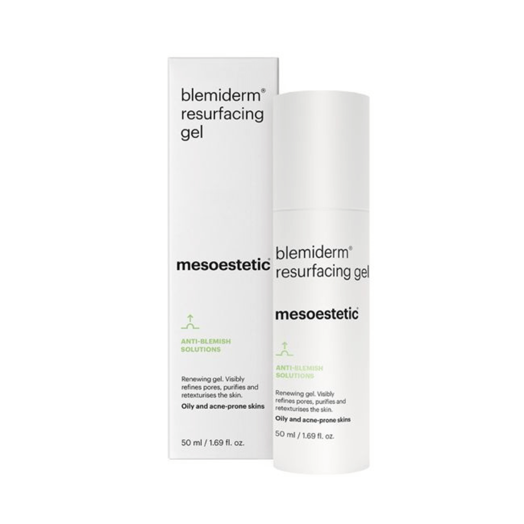Packaged Mesoestetic Blemiderm Resurfacing Gel, salicylic acid formula, purifies skin.