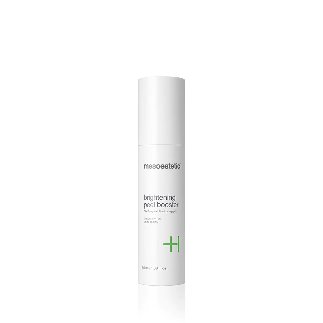 Mesoestetic Brightening Peel Booster, 50ml, white pump bottle, reduces dark spots and smooths skin texture.