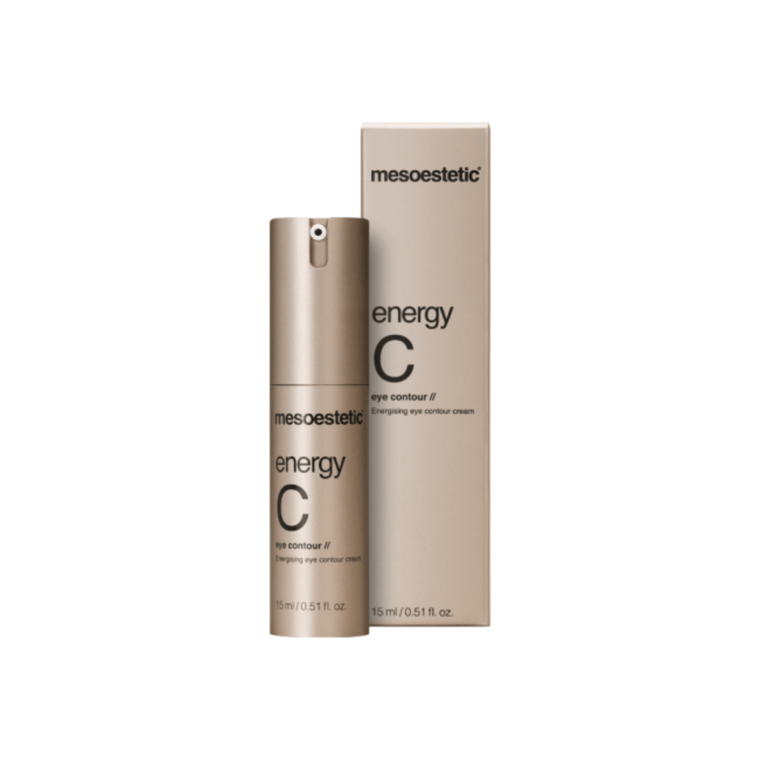 Mesoestetic Energy C Eye Contour bottle, 15ml, gold with black text, next to matching box.