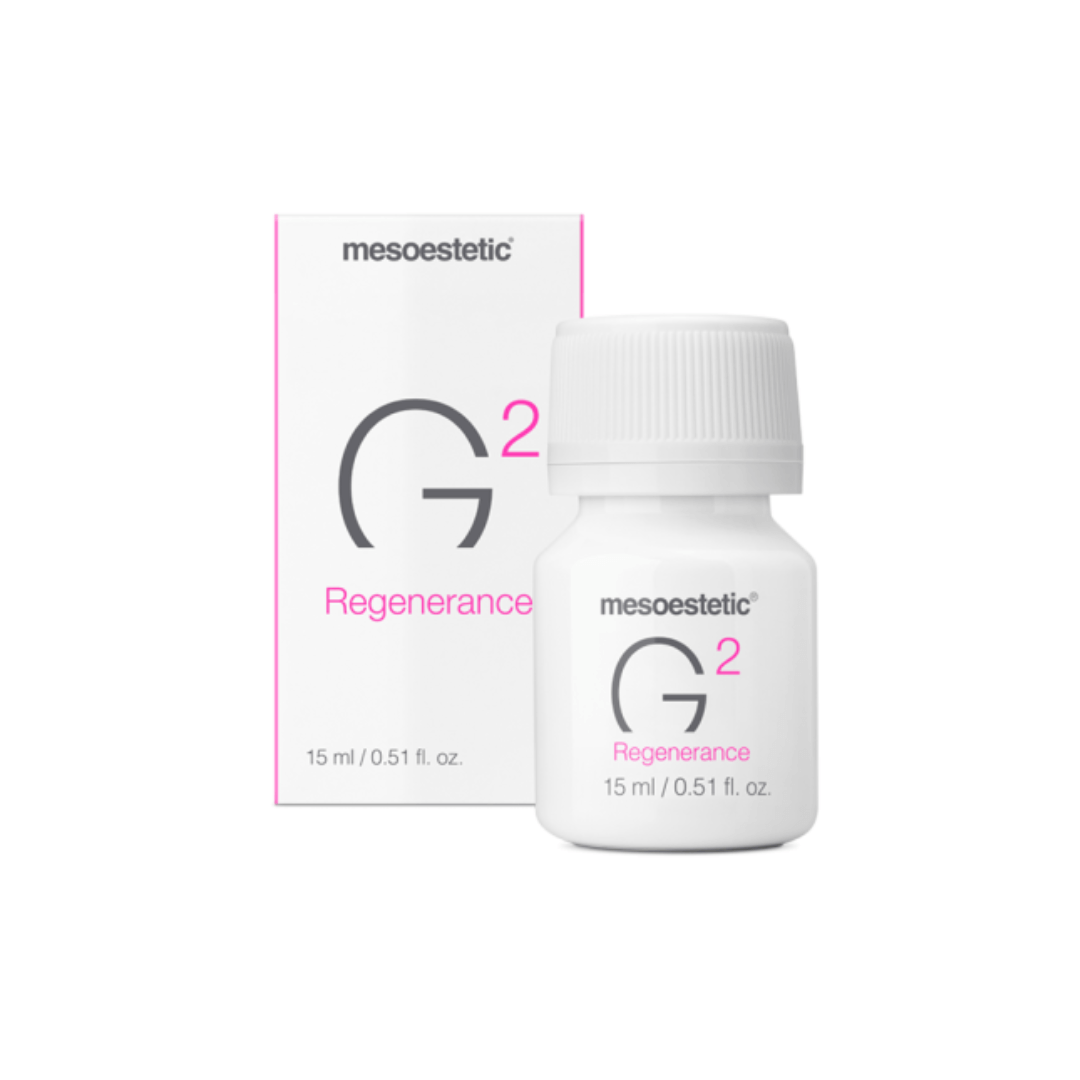 Mesoestetic Genesis G2 Regenerance, 15ml bottle with pink label, enhances healing and skin regeneration.