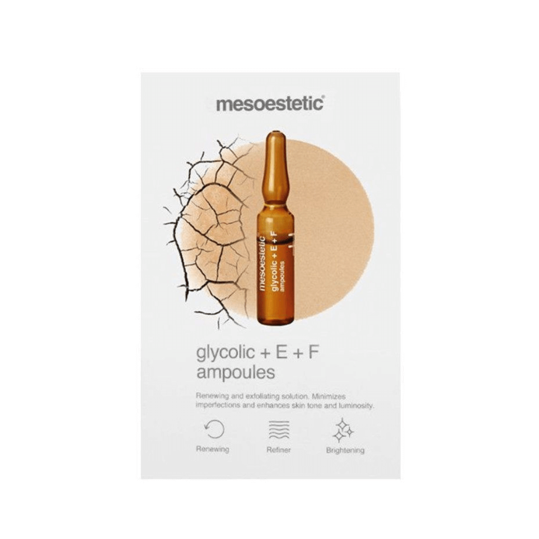 Mesoestetic Glycolic + E + F Ampoules packaging, promoting skin renewal and exfoliation, for all skin types.