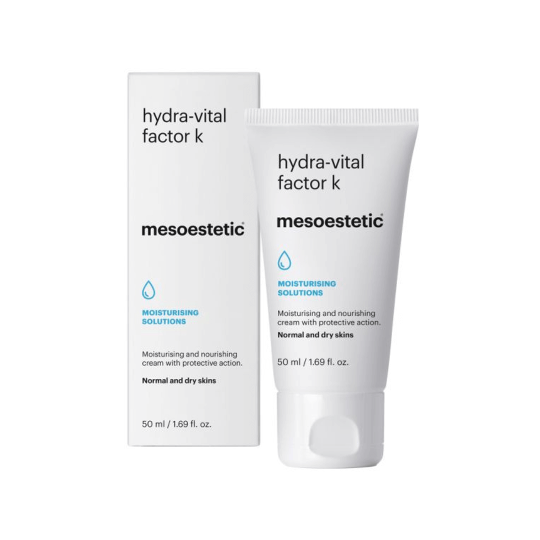 Mesoestetic Hydra-Vital Factor K cream with packaging, 50ml, hydrates and protects normal to dry skin.