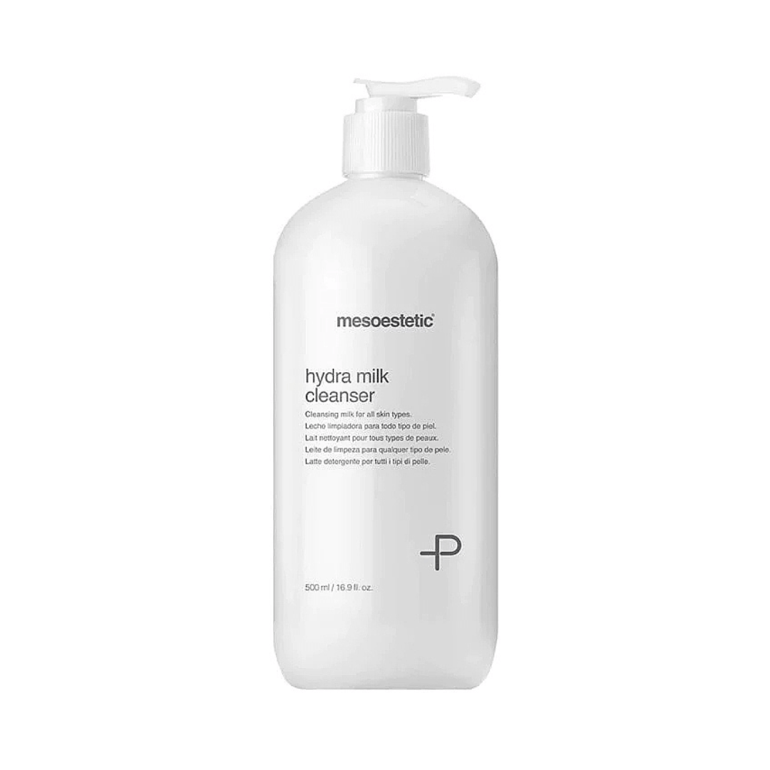 Mesoestetic Hydra Milk Cleanser 500ml bottle, gentle cleansing milk for dry and sensitive skin, hydrates while removing makeup and impurities.