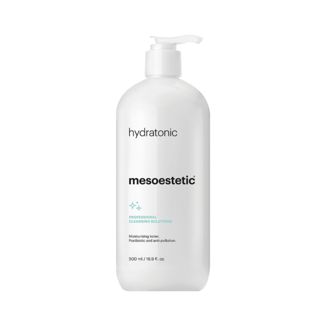 Mesoestetic Hydratonic 500ml bottle, alcohol-free toner suitable for all skin types, soothes and removes impurities.