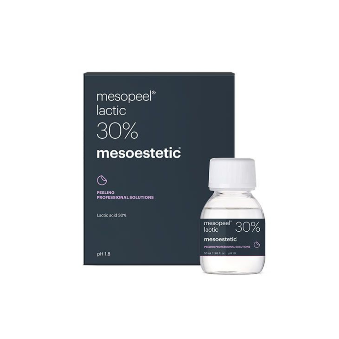 Mesoestetic Mesopeel Lactic 30% peel, effective for sensitive skin, includes a bottle and packaging showcasing key ingredients and benefits.