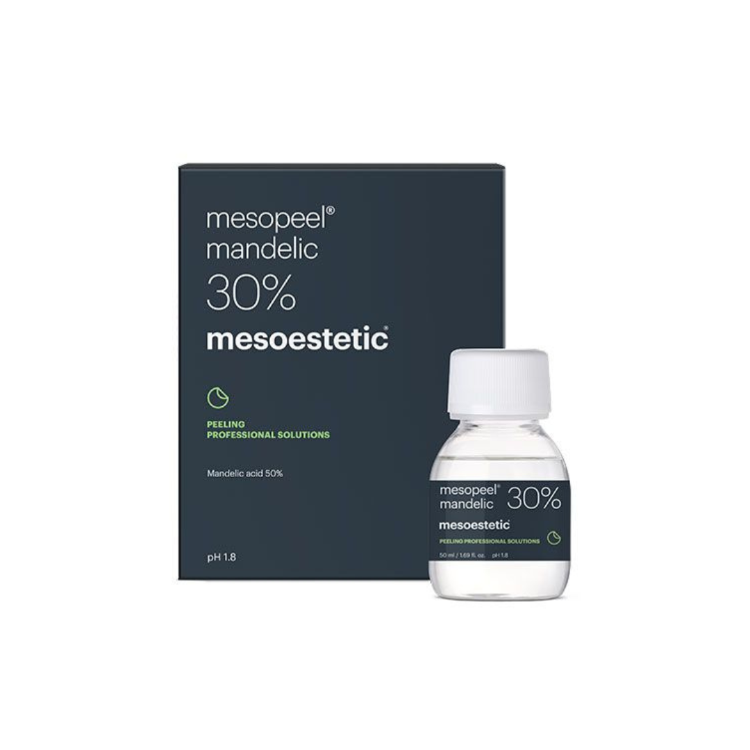 Mesoestetic Mesopeel Mandelic 30% packaging with 50ml bottle, targeted acid peel for oily and combination skin.