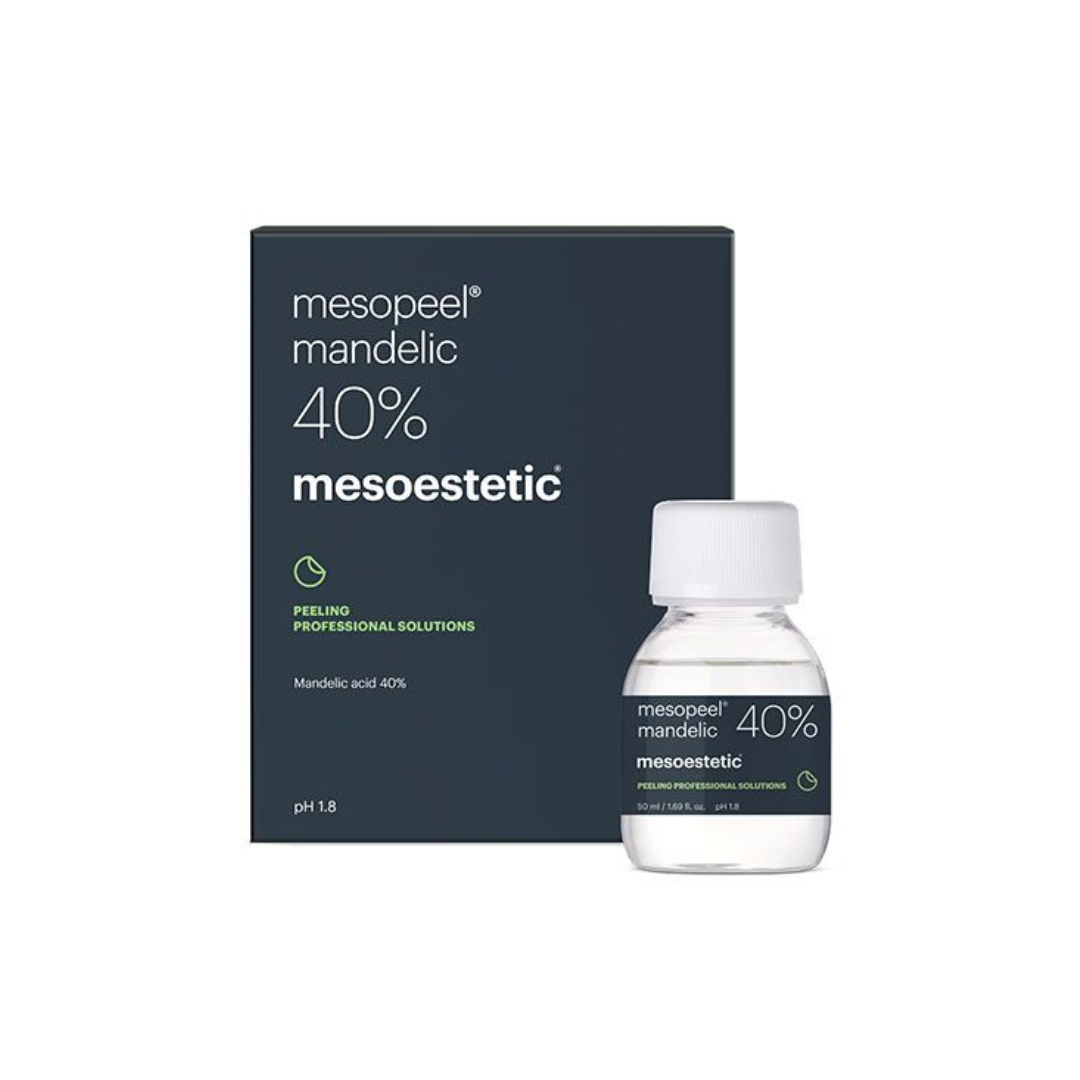 Box of Mesoestetic Mandelic 40% acid peel with a 50 ml bottle beside it, labeled for professional exfoliation and skin rejuvenation for oily skin.