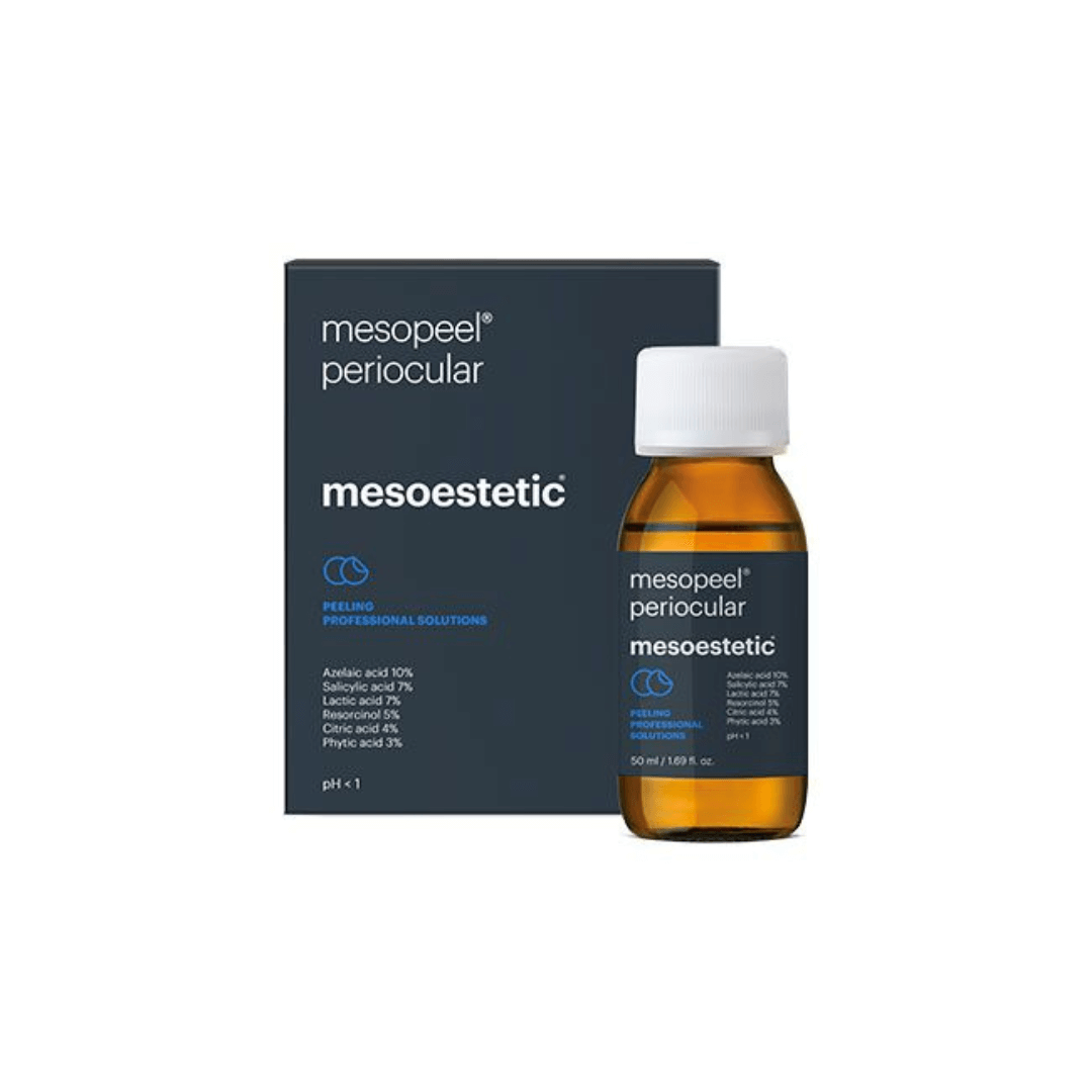 Mesoestetic Mesopeel Pericocular bottle next to its dark blue packaging box on a neutral background.