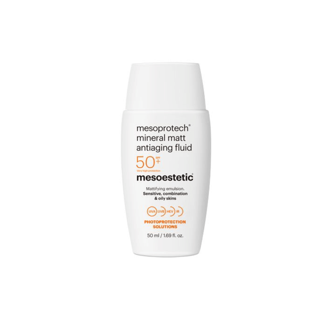 Mesoestetic SPF 50+ mineral matt antiaging fluid in white bottle, matte finish for oily skin, 50ml size displayed