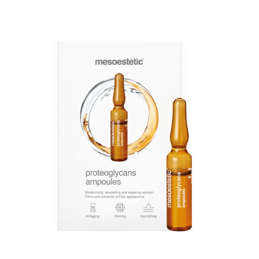 Mesoestetic Proteoglycans Ampoules box and single 2ml vial, nourishing and firming serum.