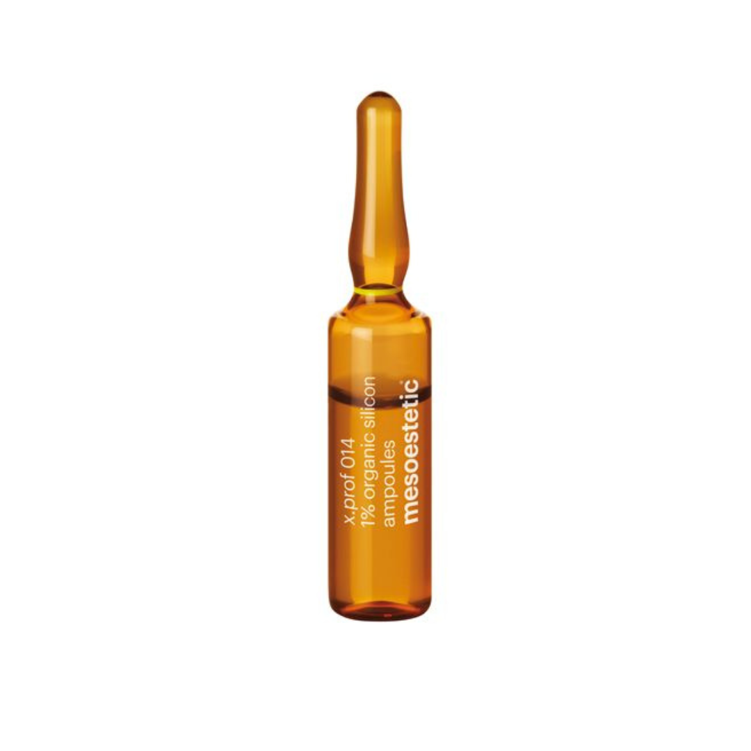 Single 5ml ampoule of Mesoestetic X.Prof 014 Organic Silicon 1%, for skin firming and moisturizing.