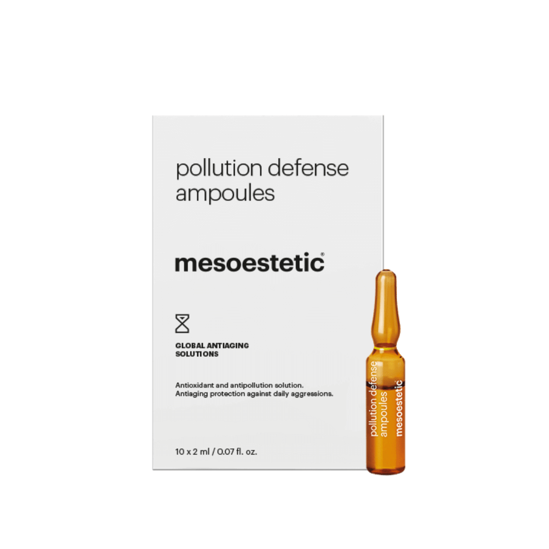 Box of Mesoestetic Pollution Defense Ampoules containing 10 x 2ml vials, offering antioxidative and anti-pollution skin protection.