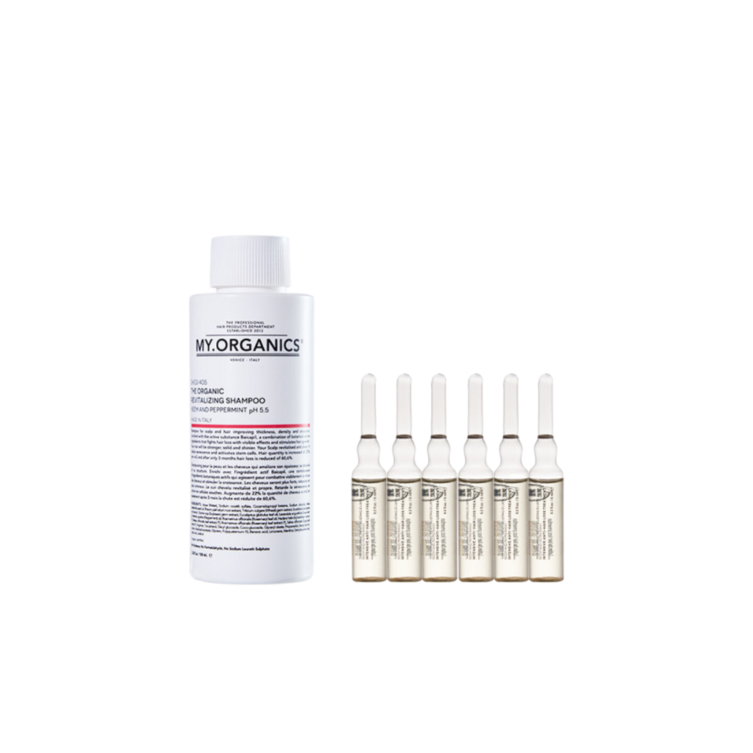 My Organics hair growth treatment set showing shampoo bottle, six vials, and packaging.
