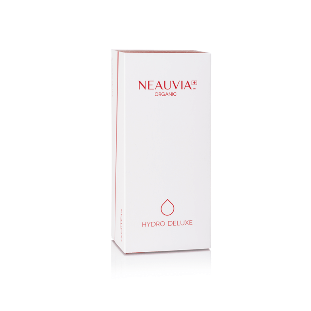 Neauvia Organic Hydro Deluxe box packaging, containing two 2.5ml syringes for skin hydration and wrinkle correction.