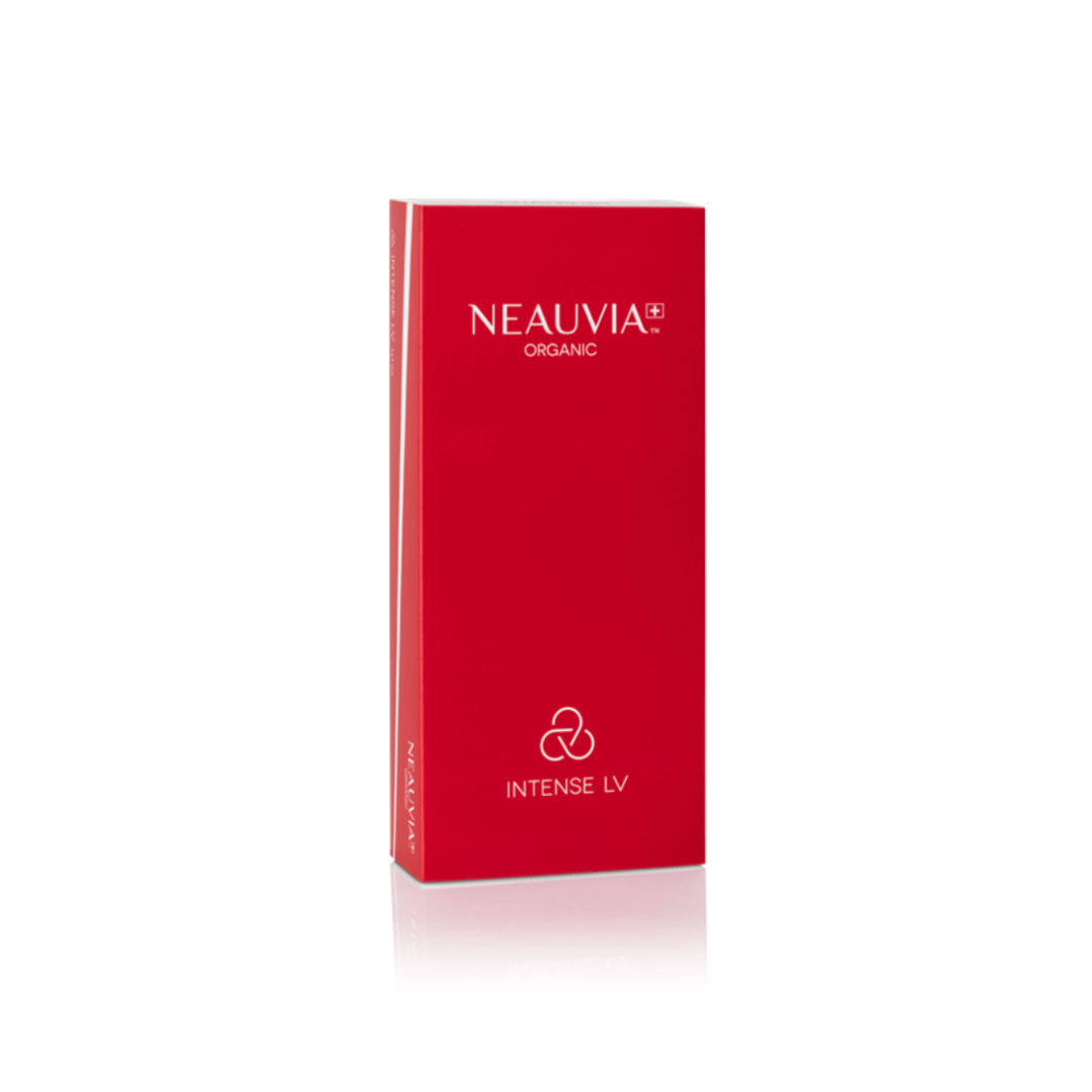 Neauvia Organic Intense LV red box packaging, containing one 1ML syringe for deep wrinkle filling and volumizing.