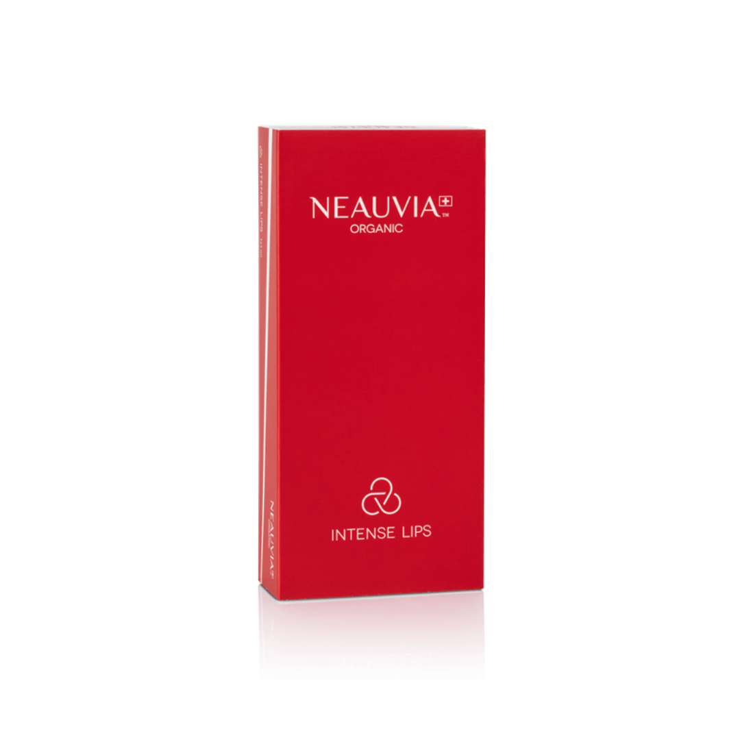 Neauvia Organic Intense Lips red box packaging, containing one 1ML syringe for lip augmentation and contouring.