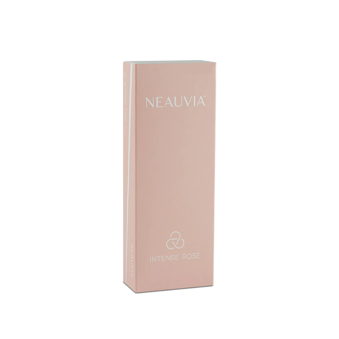 Neauvia Organic Intense Rose beige box packaging, containing one 1ML syringe for vulvar atrophy correction and tissue augmentation.