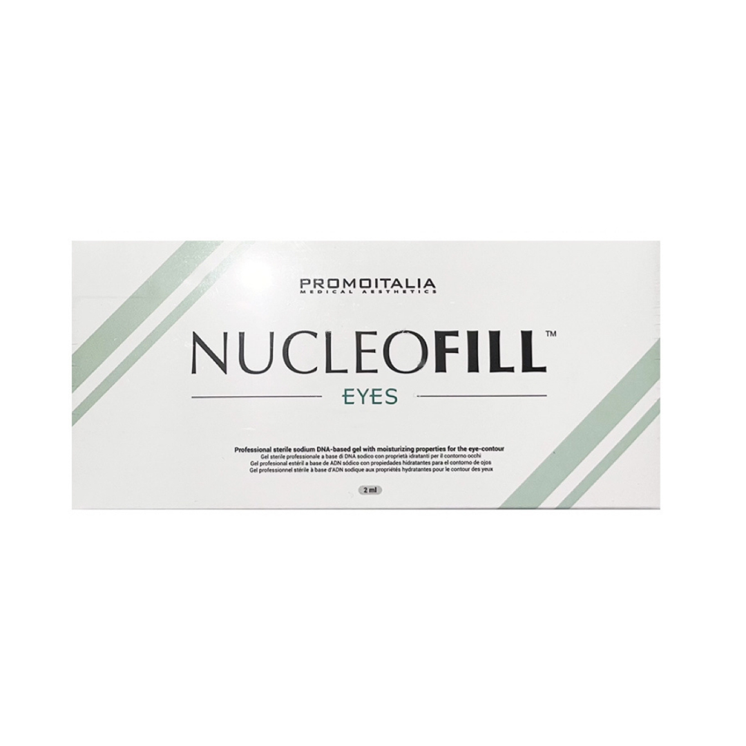 Nucleofill Eyes 2ml in white packaging, hydrating sodium DNA gel for eye contour moisturization.
