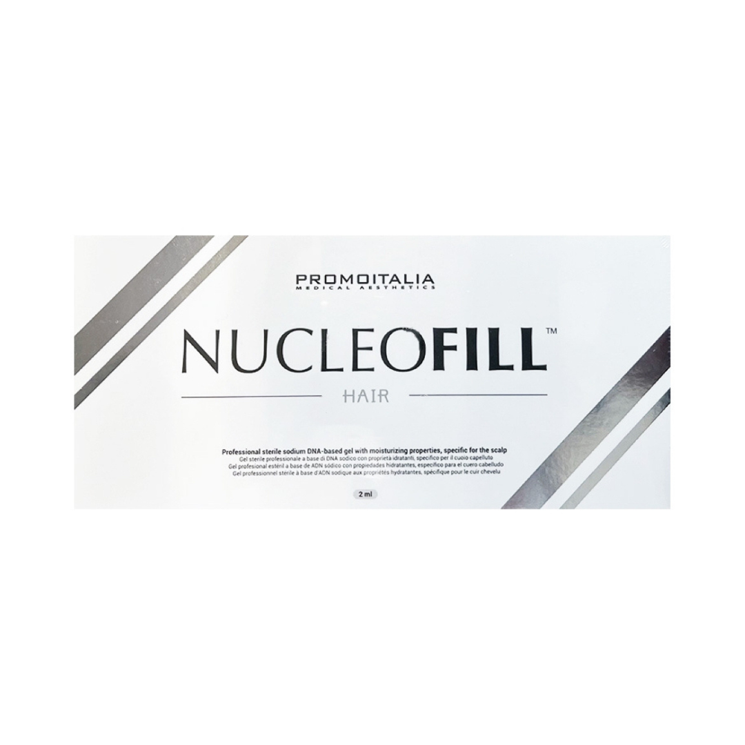 Nucleofill Hair 2ml in white box, sodium DNA gel for scalp hydration and care.