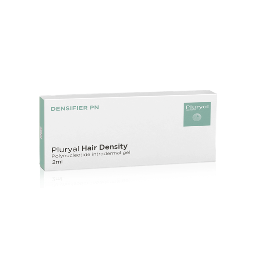 Pluryal Hair Density box in white and green, 2ml polynucleotide intradermal gel for hair and scalp enhancement.