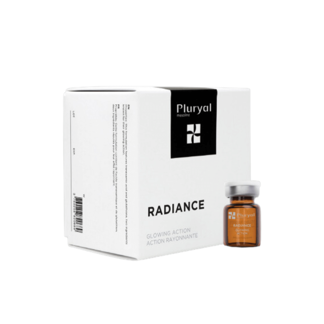 Pluryal Mesoline Radiance box and vial, white packaging for skin brightening and hyperpigmentation reduction.