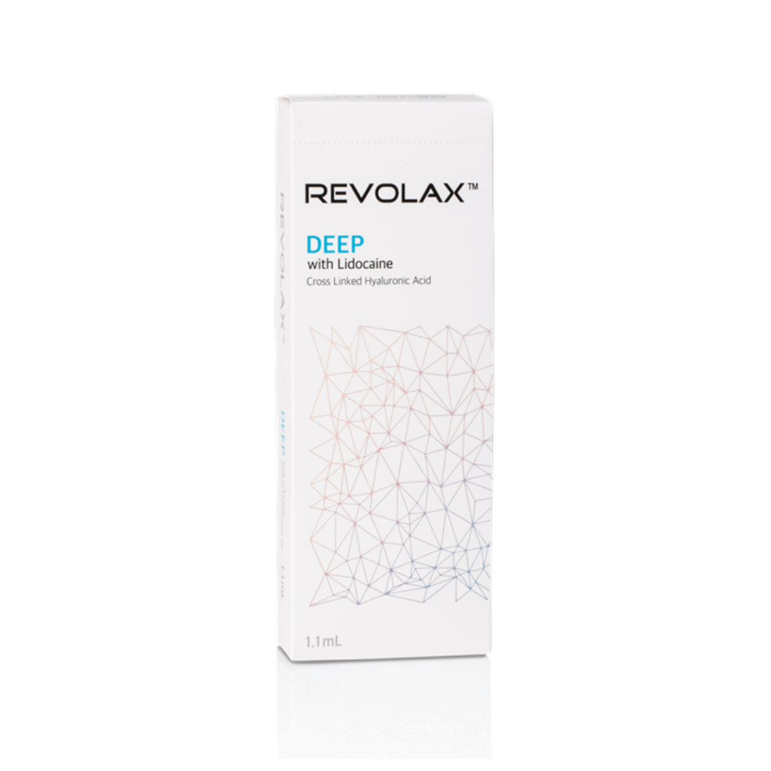 Revolax Deep with Lidocaine 1.1ml syringe packaging for deep facial lines and enhancing cheeks, chin, and lips.