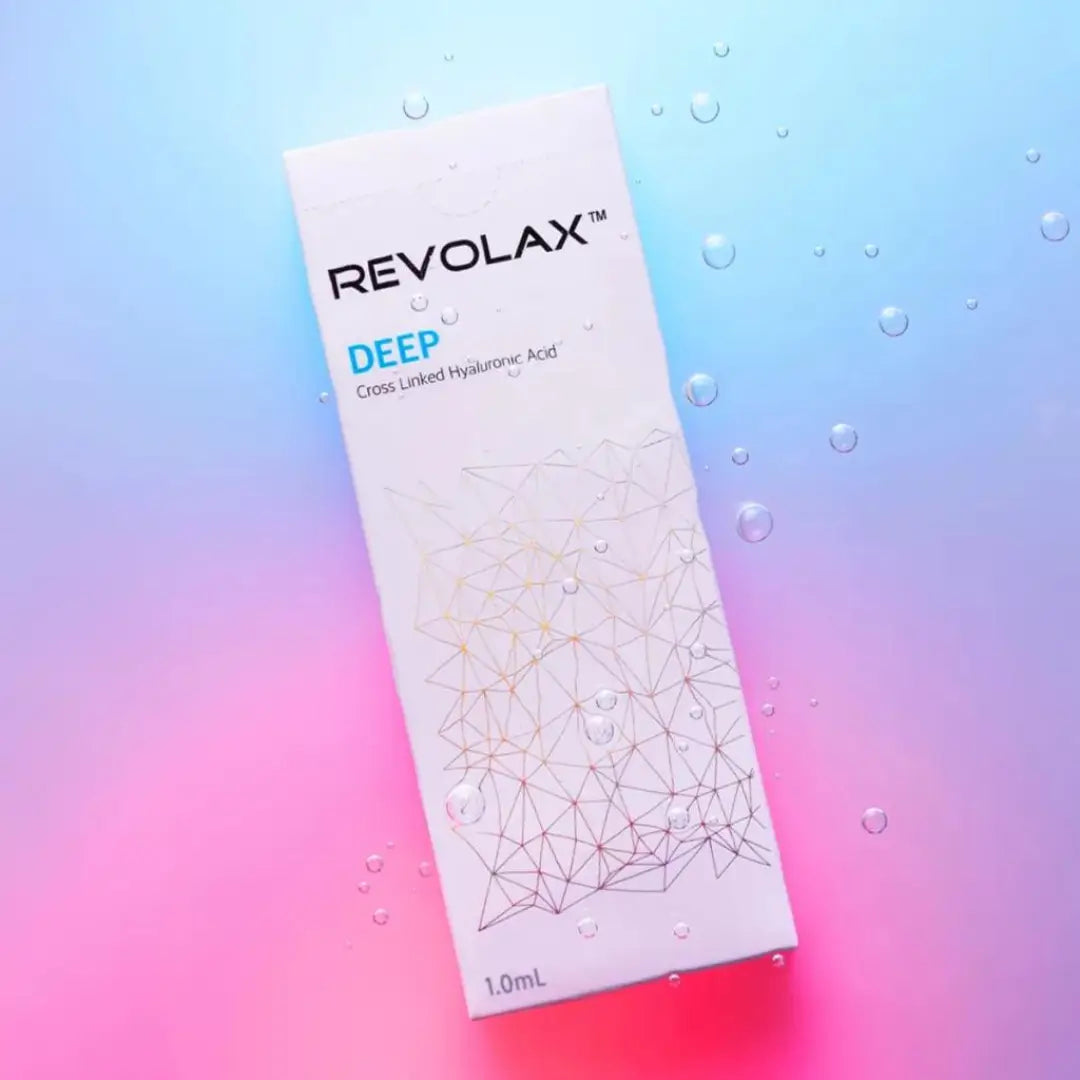 Revolax Deep box with colorful background and water droplets, for deep wrinkles and facial augmentation.