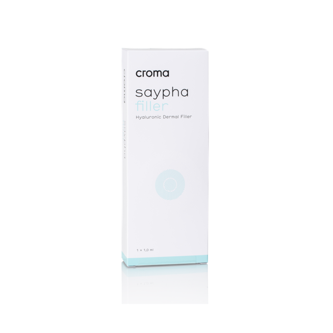 White box of Saypha Filler (1 X 1ML) for correcting facial wrinkles and enhancing lip volume.