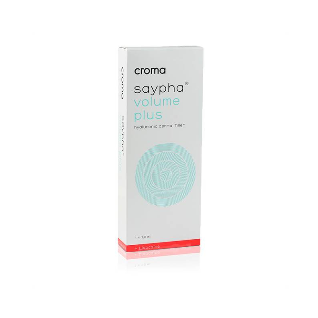 White box of Saypha Volume Plus Lidocaine, containing a 1ml syringe, for treating severe facial wrinkles and restoring volume.