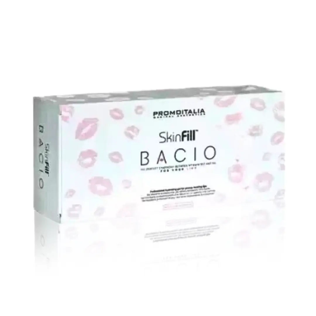 SkinFill Bacio lip booster box with pink lip print design. A 2 x 2.5ml cosmetic treatment for hydrating and enhancing lip softness and volume.