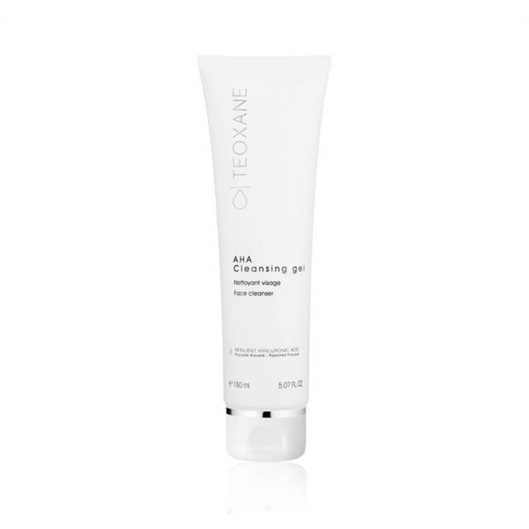 Teoxane AHA Cleansing Gel 150ml tube, face cleanser with glycolic and fruit acids for radiant complexion.