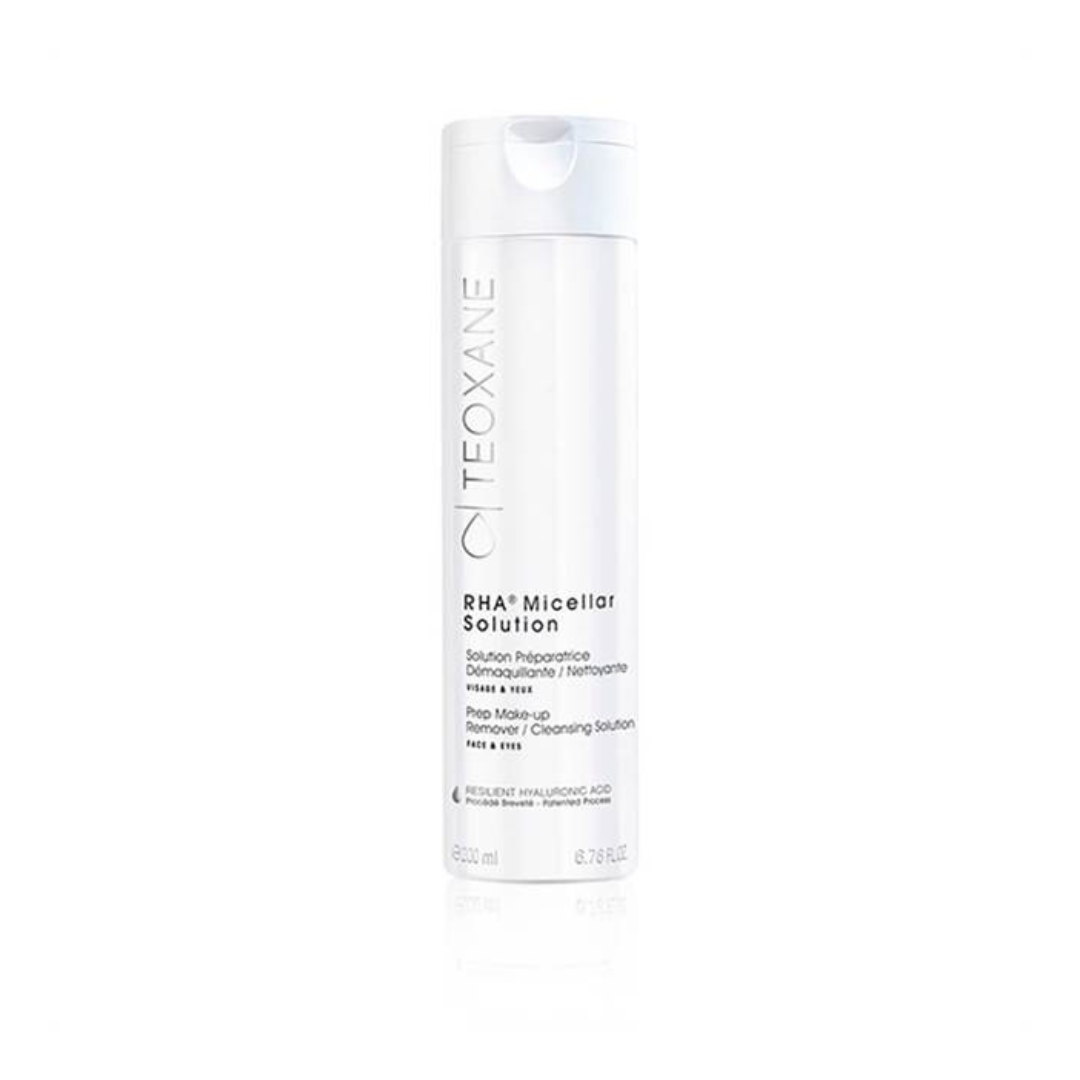 Teoxane RHA Micellar Solution 200ml, a micellar water bottle for sensitive skin, cleanses, tones, and removes makeup.