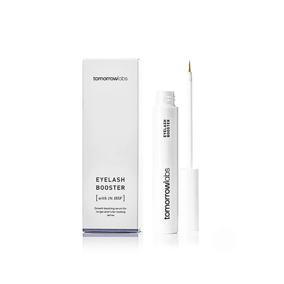 Tomorrowlabs Eyelash Booster 4ML with packaging box shown on the left, product open with applicator brush visible on the right.