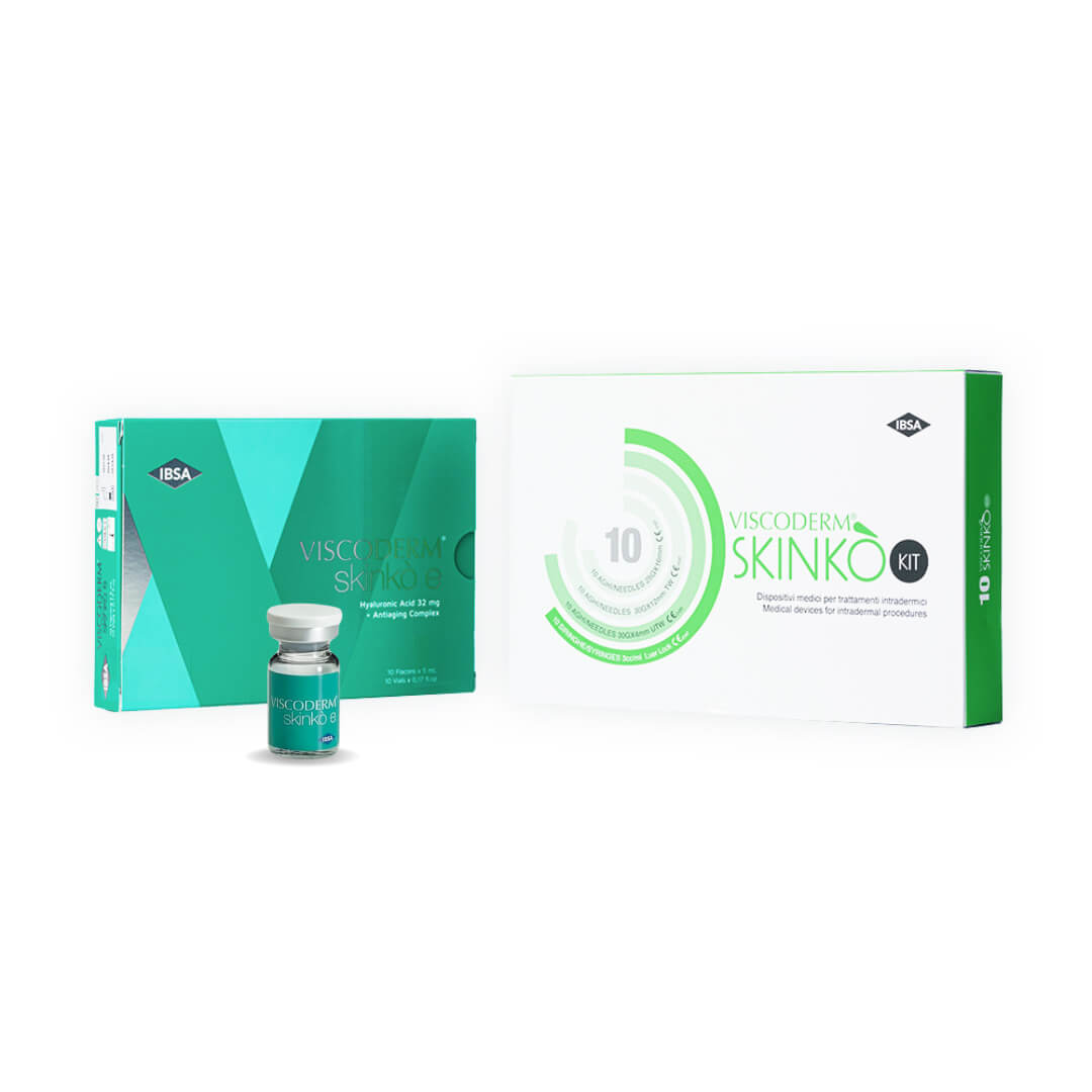 Viscoderm Skinko E Kit with opened box showing vials and needles for anti-aging treatment.