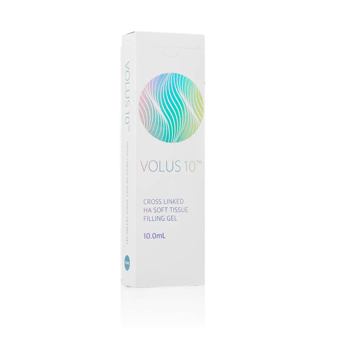 Volus 10 packaging with holographic circle design, labeled as 10ml cross-linked HA soft tissue filling gel for body volume enhancement.